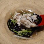 鈴田式 - 浅蜊の出汁、薪焼きした木耳と芽葱の餡掛け