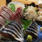 Fukuyoshi - 刺身盛り：カツオ、サバ、ホタテ、北寄貝、アワビ、ほや