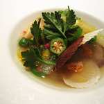 レストラン　プログレ　ヨコヤマ - フグフィレとエビを詰めたトルテローニと野菜のスープ仕立て