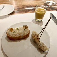エチョラ - 鱈のピンチョス　ホタルイカのフリット　スイカベースのガスパチョ。このガスパチョがとても美味しかった！！