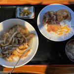 台湾料理 美味仙 - ご飯料理セット(生姜焼肉丼 唐揚げ(3個) 漬物 スープ) 900円