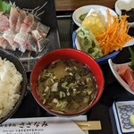 お食事処 さざなみ - アジ刺身¥1200+定食¥500