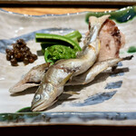 鮨 みつよし - 琵琶湖の稚鮎、蛸のやわらか煮、こごみ、有馬の山椒の佃煮