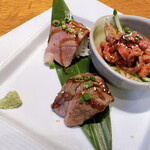 焼肉トラジ さいたま新都心コクーンシティ店 - 炙りサーロイン握り↑ 炙りはらみ握り↓極みユッケ→