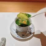 みえ田 - ズワイガニ茶碗蒸し、菜の花の葛餡、根室産ウニ