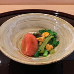 和食 梅田 - 蒸し鮑、京菜花、雲丹、三島トマト