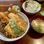 天三 - 「季節の天丼」@1500 みそ汁、サラダ、お新香付き