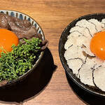 十番右京 - 左は花山椒すき焼きご飯。茶碗1杯で3千円オーバーです。トリュフたまごかけご飯は、この季節はサマートリュフで2千円超。こちらは醤油なしでいけました。