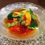 Rukonto Warudo Rejion - 安納芋のクリーム、魚介のコンソメジュレ