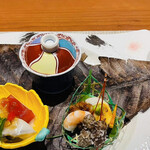 宿中屋 - 【食前酒】梅酒【前菜】牡蛎マリネ、紅葉豆腐、鮟鱇酒蒸し、長芋京味噌焼き