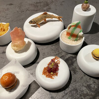 S'ACCAPAU - アミューズ8種　鹿肉のミニハンバーガー、稚鮎フリットなど秀逸な品々