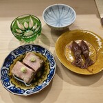 日本橋蛎殻町 すぎた - あん肝と新政の火の鳥、蛍烏賊の味噌漬けと天美