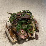 IZA - タコ赤ワイン煮、カブ、ヘーゼルナッツ、ニンニク、オカヒジキ、八丁味噌