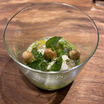 IZA - 赤海老、タラッギ、グリーンピースムース、生姜シロップ煮