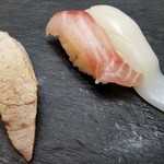 寿司 魚がし日本一 - 炙り大とろ・めじな・するめいか。