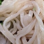 伊勢らーめん 喰うかい - 麺はこんな感じの平打ち
            茹で加減も上々で美味いと思った
            細麺も選択可能