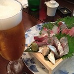 寿シーフード - ビールとお造りの盛り合わせ