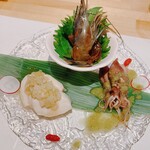 天満天神飯店 - 前菜3種。天使の海老の紹興酒漬けが美味しい！