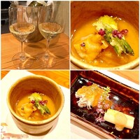 源勘 - 山菜フリットとあんかけ茶碗蒸し/渡り蟹のジュレ、白アスパラ　酢味噌系のソース