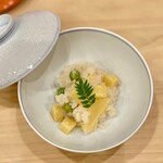 川田 - 2023.3.  〆ご飯①筍とうすい豆の炊き込みご飯