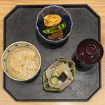 板前 まつもと - 筍御飯、山形豚の角煮、赤だし、漬物