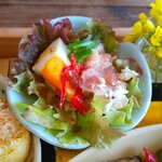 遊の丘 - サラダ～生ハム、モッツァレラチーズ、茹で卵、サニーレタス、赤ピーマン(R5.4.27撮影)