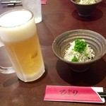 ひより　麦縄本舗　炭焼酒場 - Ｈ25.07　サッポロ黒ラベル生中￥４８０、お通し