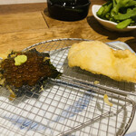 天ぷらdeワイン かとう - 海苔の天ぷら イクラのカナッペと国産鶏むね肉、かしわ
