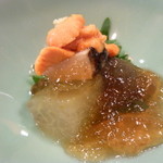 車力門 ちゃわんぶ - 冷たい炊き合わせ：茄子・トウガン・鮑・ウニの三杯酢