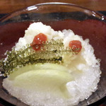 旅館 くらしき - 夏懐石7月文月の献立（ハモと海ぶどう）梅肉ソースであっさりと