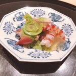 御料理 ふじ田 - 車海老＆ホタルイカ、こごみ、筍＠京都産、うど、はまぼうふう
      （木の芽の胡麻クリーム、酸味のジュレ）