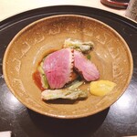 御料理 ふじ田 - 焼き筍、鴨、タラの芽
      （行者にんにくソース）