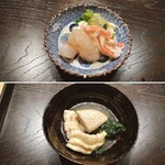 御料理 ふじ田 - 酢の物
      （ズワイガニ、ボタンエビ昆布締め、湯葉、三つ葉）、海老芋＠静岡産＆あなご＠噴火湾