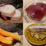 千葉たかおか - 上左：煮蛸　上右：鰹　下左：青柳　下右：甘鯛
