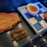 富士屋ホテル - 金目鯛の粕漬け蕗辛煮、煮玉子、辛子明太子。