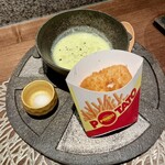 Shunsai Sumibiyaki Dassai - ポテトフライでは無く鱧のフライと、そら豆のスープ