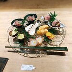 御料理 ふじ田 - 八寸：マナガツオの塩焼き、瀬戸内産生サバ酢みそ、いちじく鴨ロース、とうもろこし真丈、鳴門金時レモン煮、蛸