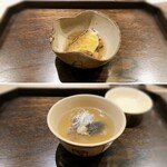 御料理 ふじ田 - 冷やし物：エゾアワビ＆落葉（アワビジュレ）、
      炊き合わせ：大分産すっぽん＆胡麻豆腐