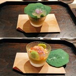 御料理 ふじ田 - 先付：ゴールドラッシュの摺流し、花咲カニ、そら豆