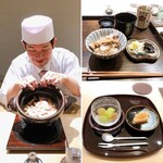 御料理 ふじ田 - お食事：金目鯛と畑しめじの土鍋ご飯、水菓子：余市産洋梨＆シャインマスカット、白花豆の水羊羹