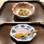 御料理 ふじ田 - 向付①：五島列島産クエ（皮目だけ）昆布〆、礼文産ウニ、向付②：ハガツオ藁焼き、茗荷混ぜた黄身醤油