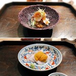 御料理 ふじ田 - 向付①：皮目炙りタチウオの昆布締め、ウニ＠増毛産、向付②：天然しまあじ＠大分産、辛味大根、芽ねぎ