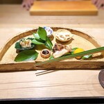 御料理 ふじ田 - 八寸：ハモ唐揚げ揚げ浸し、メダイの舞茸挟み焼き、小芋赤味噌、栗