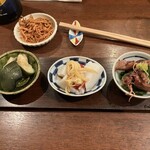 更科藤井 - 水茄子、かまぼこタケノコ梅肉和え、ホタルイカとワラビ700円