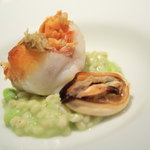 クッチーナ イタリアーナ ガッルーラ - 南知多師崎産甘鯛の鱗焼き緑のオルゾのリゾットムール貝添え