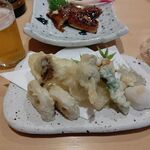 Sushi Tempura Gosakutei - ●ﾗﾝﾁ。単品。中瓶B715X3+刺し(鮑ｱﾜﾋﾞ1738X3+ﾄﾛ1650+ｲｸﾗ肴1078)+鰻ｳﾅｷﾞ当て1408+野菜天ぷら盛858+細巻(ﾈｷﾞﾄﾛ1100+ﾄﾛﾀｸ1100)＝12,595円 