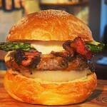 BurgerShop HOTBOX - Grilled Asparagus Bacon Mozzarella Cheese Burger with French Fries 