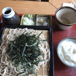 手うち庵 - ざる蕎麦＋とろろ　形式　ぶっかけ版は-100円だった　ワサビが少ないからおかわりしたけど少ししかもらえませんでした