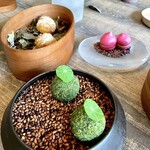 レヴォ - ①prologue
      　・白エビ、えびせん
      　・クロケット　甘鯛
      　・レヴォ鶏のレバーパテ
      　・グジェール、山羊のチーズ、地酒の酒粕クリーム
      　・コシアブラのフリット