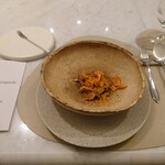 Maison DIA Mizuguchi - ▷前菜3
      岐阜県恵那産天恵姑椎茸のコンソメ煮
      富山湾ホタルイカ自家製カラスミ 静岡県由比産桜エビフリット アーリオオーリオペペロンチーノ 河豚のコラーゲンソース
      